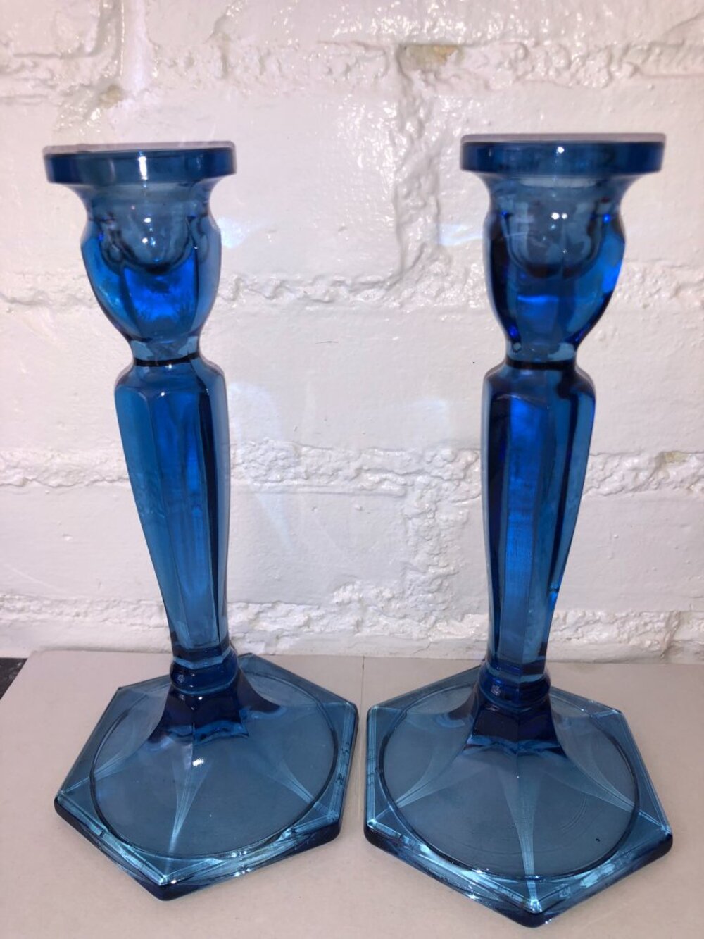 Vintage Fenton Florentine Blue Iridescent Glass Candlesticks